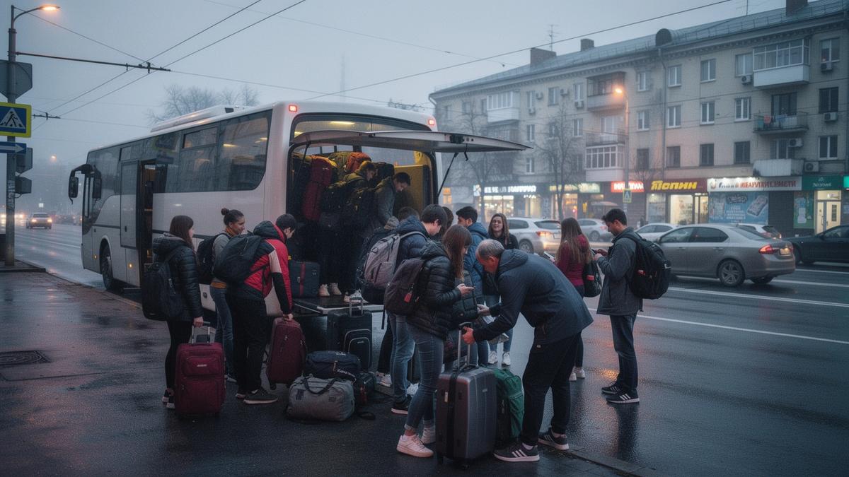 Students loading backpacks into a group coach before an early departure from Kyiv
